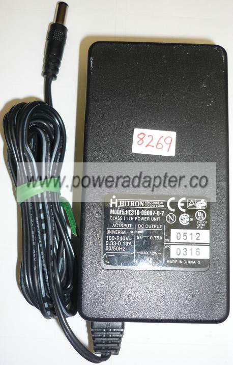 HITRON HES10-09007-0-7 AC DC ADAPTER 9VDC 0.75A USED 2.5x5.5mm R - Click Image to Close