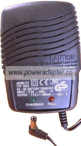 JOHNLITE 1949 Battery Charger 7VDC 300mA -(+) 2x5.5mm 90° 120vac - Click Image to Close