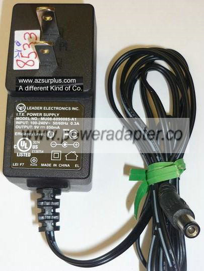 LEI MU08-6090085-A1 AC ADAPTER 9VDC 850mA USED 2x5.5mm ROUND BAR