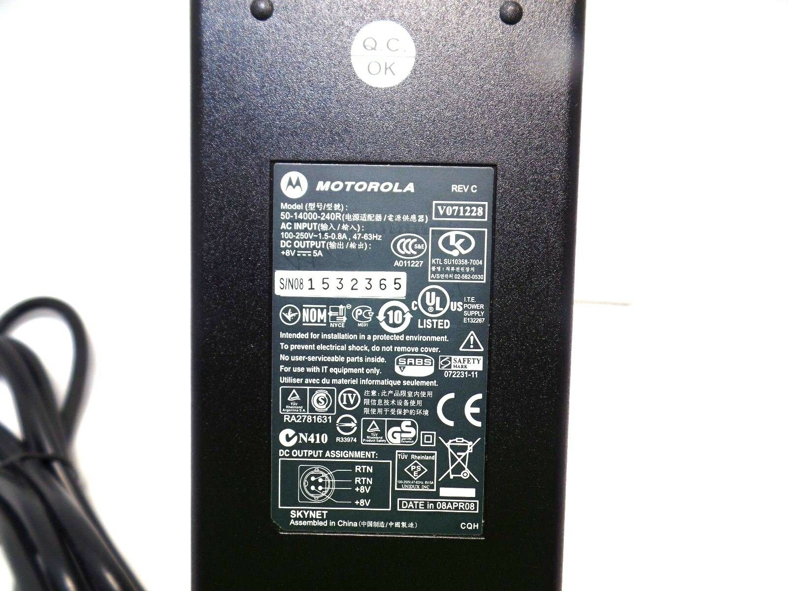 Genuine Motorola 50-14000-240R AC 100-250V 1.5-0.8A DC +8V 5A Power Adapter Specifications: Genuine Motorola 50-14000-2