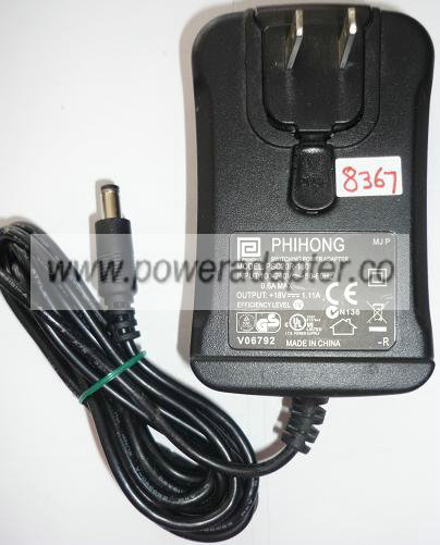 PHIHONG PSC20R-180 AC ADAPTER +18VDC 1.11A USED 2.1x5.5mm SWITCH - Click Image to Close