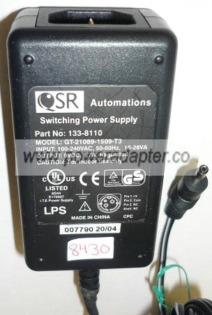 QSR GT-21089-1509-T3 AC ADAPTER 9VDC 1.7A USED 1x3.4mm STRAIGHT