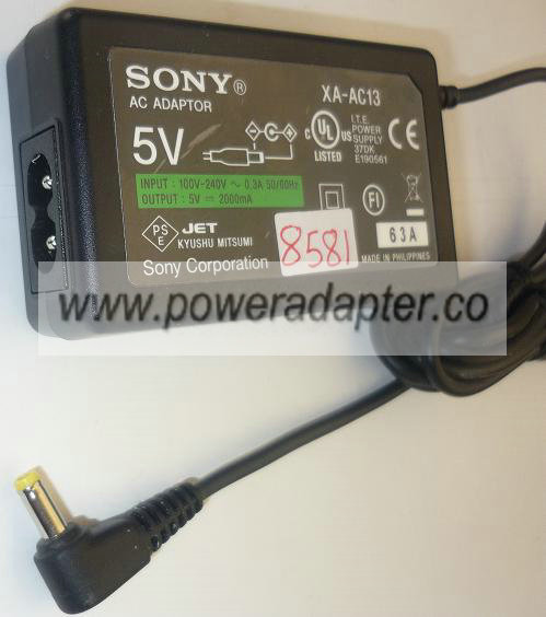 SONY XA-AC13 AC ADAPTER 5VDC 2000mA USED -(+) 1.5x4x10mm 90 DEGR - Click Image to Close