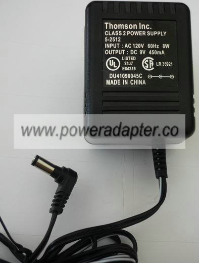 THOMSON 5-2512 AC ADAPTER 9VDC 450mA USED -(+) 2x5mm POWER SUPPL