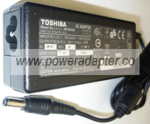 TOSHIBA AP13AD03 AC ADAPTER 19V DC 3.42A USED -(+) 2.5x5.5mm ROU - Click Image to Close
