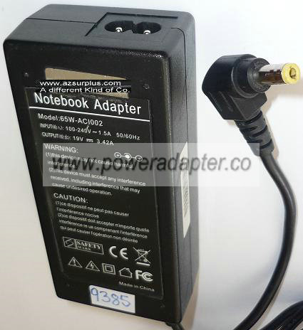 65W-AC1002 AC ADAPTER 19VDC 3.42A USED -(+) 2.5x5.5x11.8mm 90° - Click Image to Close