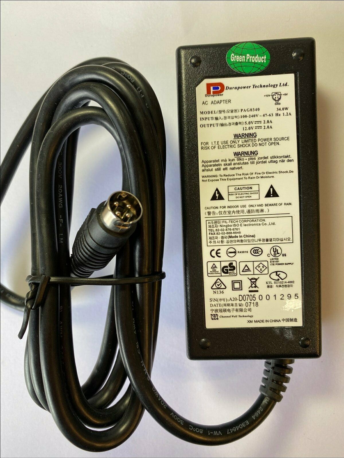 NEW Wattac BA0362ZI-8-A02 12VDC 5VDC 2.0A AC ADAPTER 4 PIN DIN 1-12V 2A 2-5V 2A Type: Power Adapter Manufacturer Wa