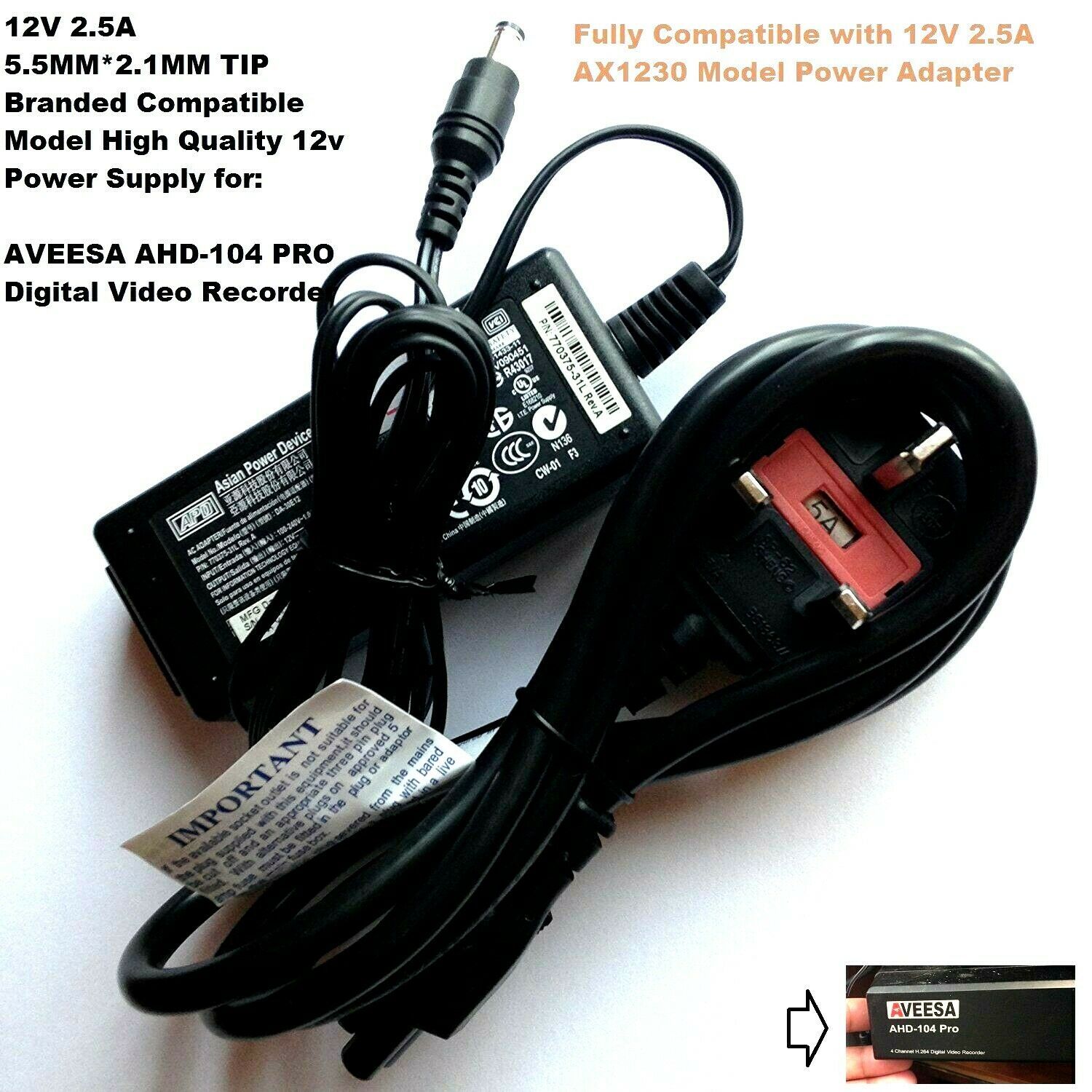 12V Power Adapter for AVEESA AHD-104 PRO Digital Video Recorder 12V Power Adapter for AVEESA AHD-104 PRO Digital Video