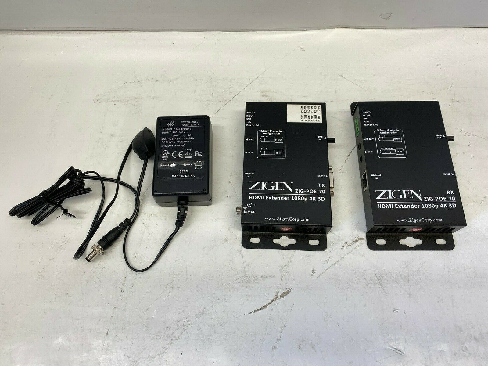 Zigen ZIG-POE-70 HDBaseT/HDMI (230 ft) Extender(Tx/Rx) w 48V POE/4K-UHD/IR/RS232 ac power adapter MPN: ZIG-POE-70 Br