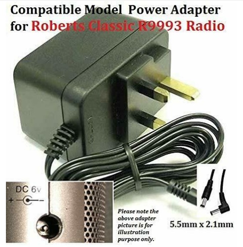 6V Adapter for R9993 ROBERTS CLASSIC RADIO, 5.5*2.1 Tip, Centre Pin Negative 6V Adapter for R9993 ROBERTS CLASSIC RADIO