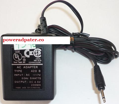COMMODORE DC-420 AC ADAPTER 4.5VDC 200mA USED -(+) PHONE JACK - Click Image to Close