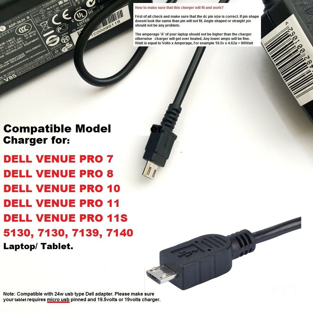 Charger for Dell Venue 11 Pro 5130, 11 Pro 7139, 7130, 7140 Description Power Adapter/ Ac Adapter for Dell Venue Lapt