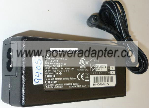 DELTA ADP-30AR A AC ADAPTER 12VDC 2.5A USED 2x5.5x9mm 90°ROUND - Click Image to Close