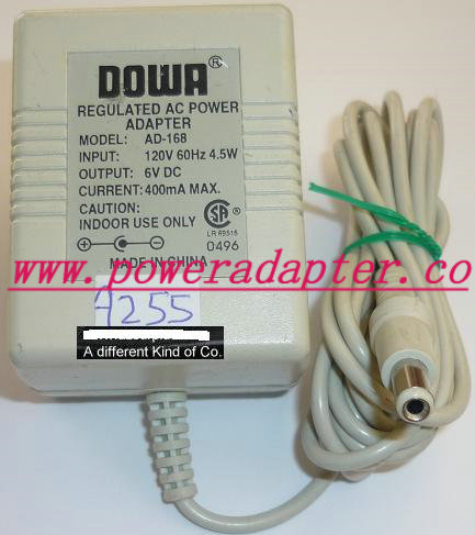 DOWA AD-168 AC ADAPTER 6VDC 400mA USED (-) 2x5.5x10mm ROUND BAR - Click Image to Close