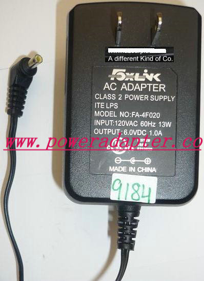 FOXLINK FA-4F020 AC ADAPTER 6VDC 1A USED -( ) 1.5x4x8.4mm 90Â° RO