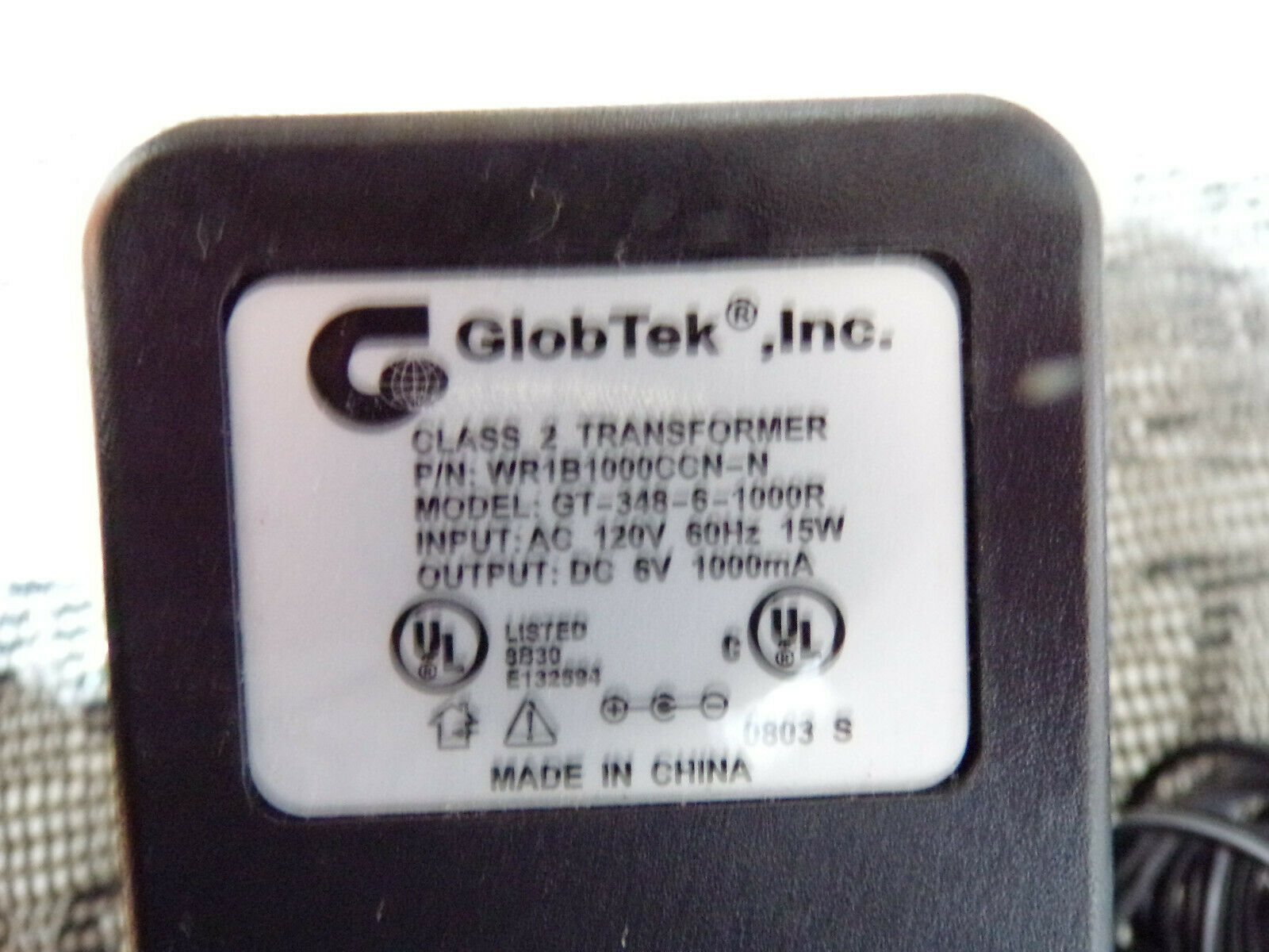 GLOBTEK GT-348-6-1000R AC ADAPTOR P/N WR1B1000CN-N 120/V AC - 6/V DC OUTPUT Type: AC/DC Adapter Cable Length: 5 - ft