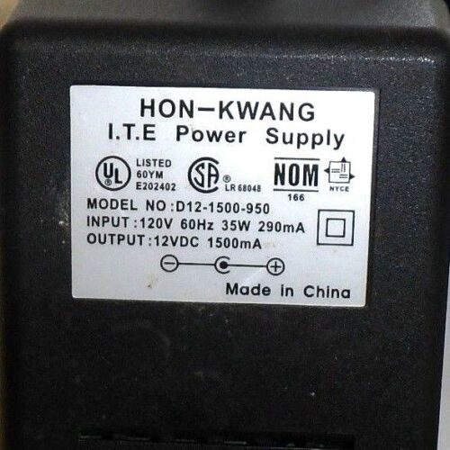 HON KWANG ITE Power Supply AC Adapter 12VDC 1500mA Model D12-1500-950 MPN: D12-1500-950 Output Voltage: 12V Model: D12
