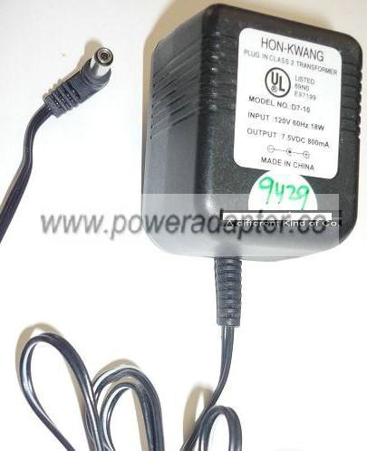 HON-KWANG D7-10 AC ADAPTER 7.5VDC 800mA USED -(+) 1.7x5.5x12mm