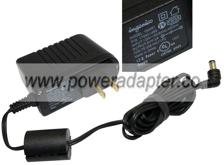 Ingenico 153051 AC ADAPTER 8VDC 2A USED -(+) 2x5.5mm 100° Round