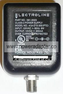 LECTROLINE 41A-D15-300(PTC) AC ADAPTER 15VDC 300mA USED -(+)