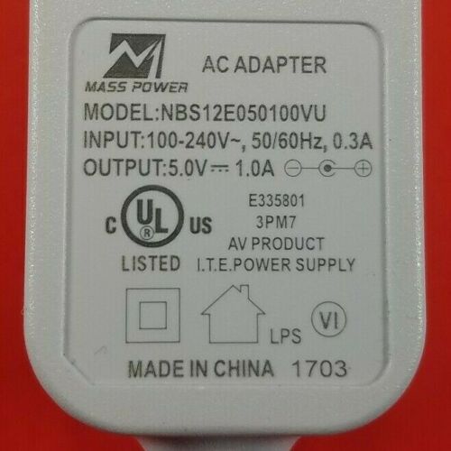 MASS POWER Model NBS12E050100 Power Supply Adaptor 5.0V - 1.0A OEM AC/DC Adapter Type: AC Adapter MPN: NBS12E05010 - Click Image to Close