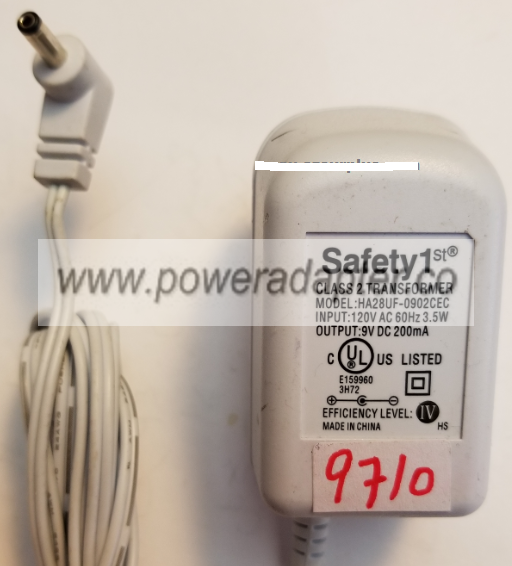 SAFETY1st HA28UF-0902CEC AC ADAPTER 9VDC 200mA USED +(-) 1x3.5 - Click Image to Close