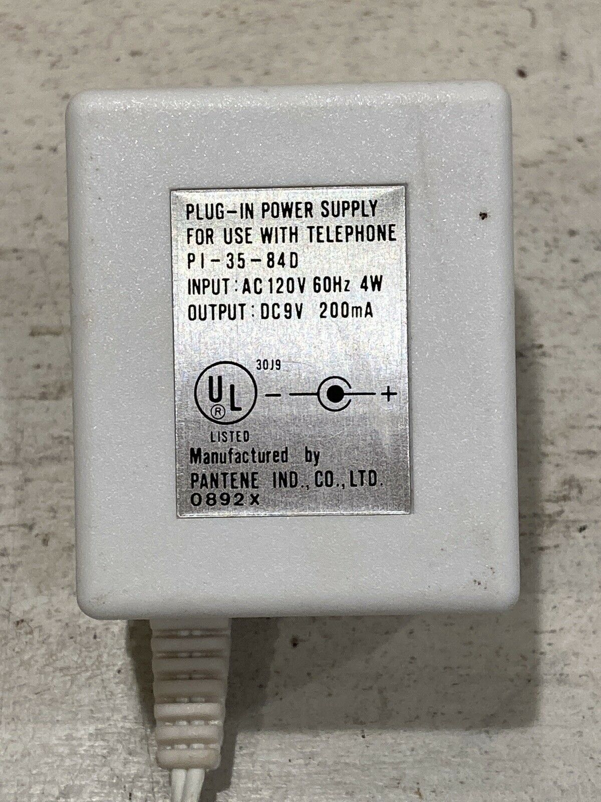Plug In Power Supply For Telephone P1-35-84D Input AC 120V Output DC 9V Pantene Type: Plug Features: Powered Outpu