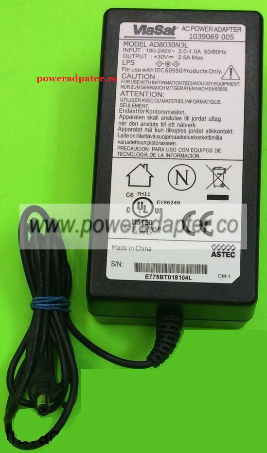 ViaSat AD8030N3L AC Adapter 30vdc 2.5A -(+) 2.5x5.5mm Charger