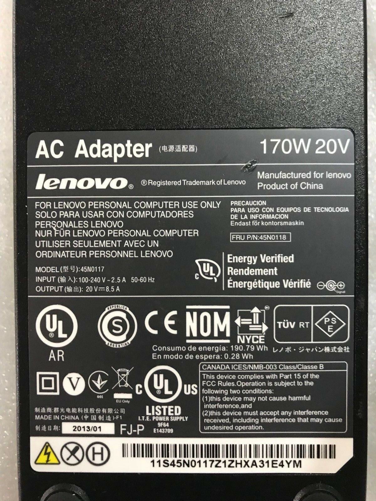Genuine Lenovo 170W 20V 8.5A AC Adapter for W520 W530 Compatible Brand: For IBM Type: AC/Standard Bundled Items: