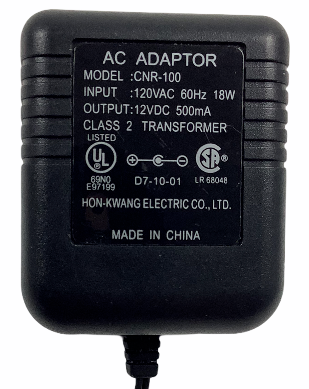AC Adapter Hon-Kwang Electric Co - Model CNR-100 - 120 VAC, 12VDC, 500mA Type: AC/DC Adapter Output Voltage: 12 V MPN: