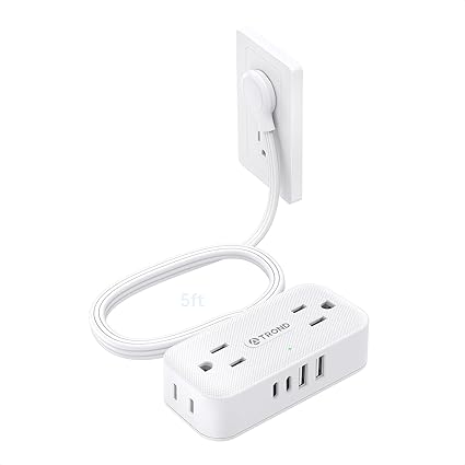 Flat Plug Power Strip 5FT, Small Flat Extension Cord with Multiple Outlets, 4 AC and 4 USB Ports (2 USB C), Wall Mount 9