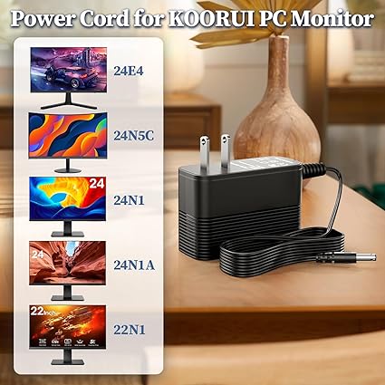 Replacement for Koorui Monitor Charger, 12V Power Cord for Koorui Monitor 24E4 24N50C 24N1 24N1A 22N1 21.5" 24" Gaming M
