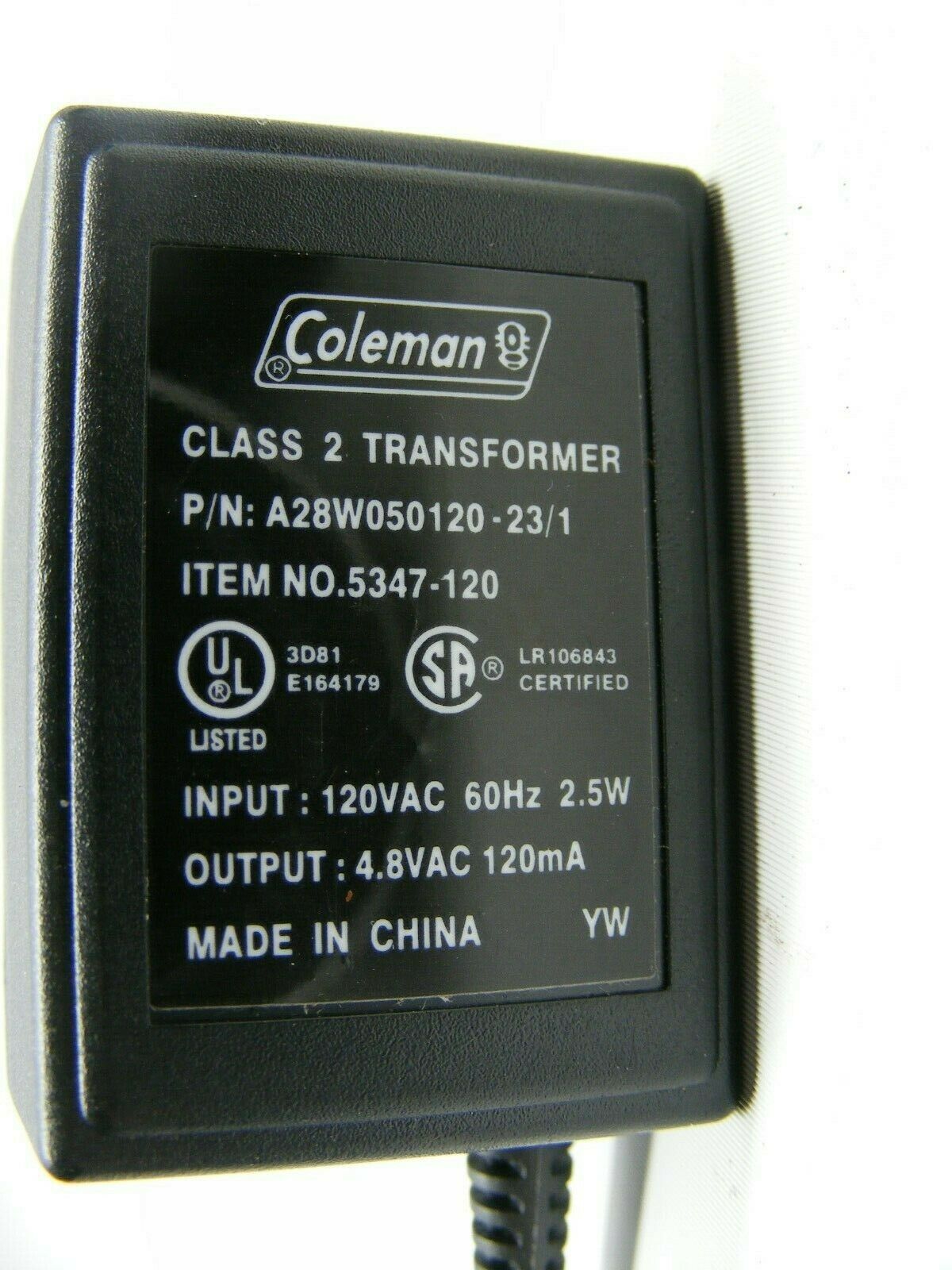 Coleman Class 2 Transformer A28W050120 4.8 AC Output With 12 Volt Plug Custom Bundle: No Connector B: NA Charger Typ