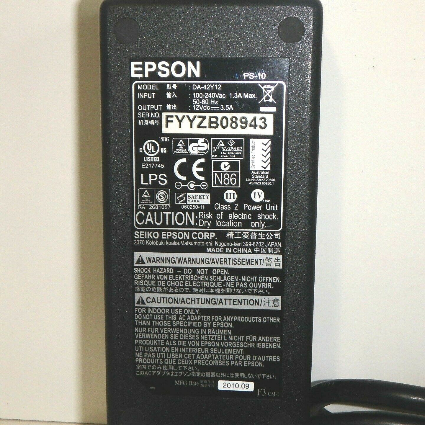 EPSON 12VDC 3.5A POWER SUPPLY, #DA-42Y12 MPN: DA-42Y12 Brand: EPSON Output Voltage: 12V EPSON 12VDC 3.5A POWER SUP