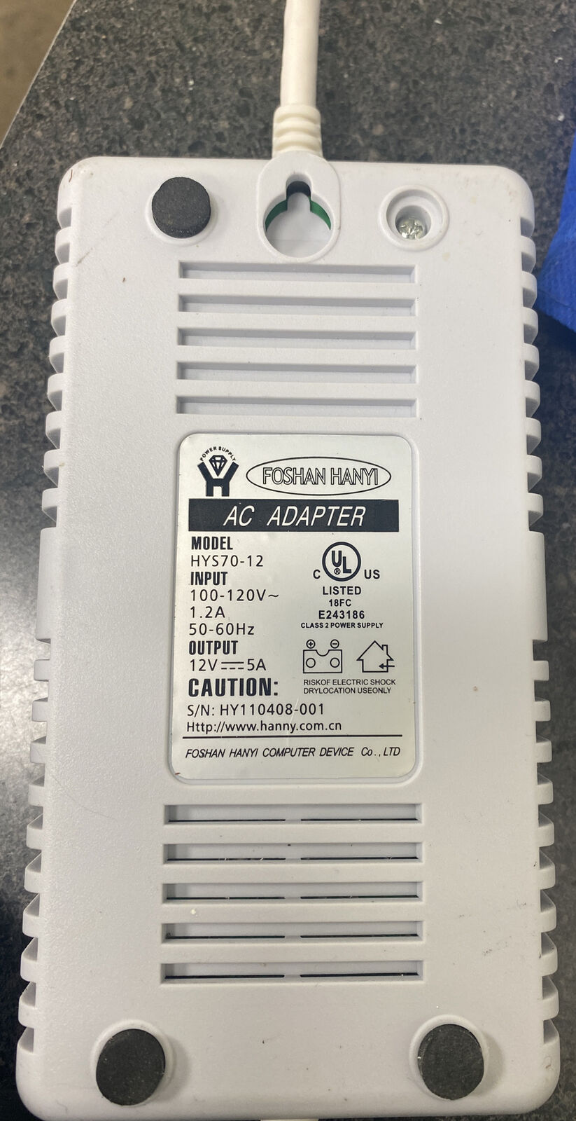 Genuine Original OEM FOSHAN HANYI HYS70-12AC ADAPTER 12V - 5A POWER SUPPLY Brand: FOSHAN HANYI Output Voltage: 12 V