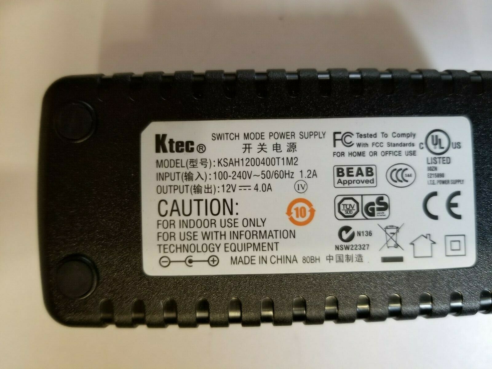 GENUINE Ktec KSAH1200400T1M2 POWER SUPPLY ADAPTER 12V 4A Connection Split/Duplication: 1:2 Type: AC/AC Adapter Featu