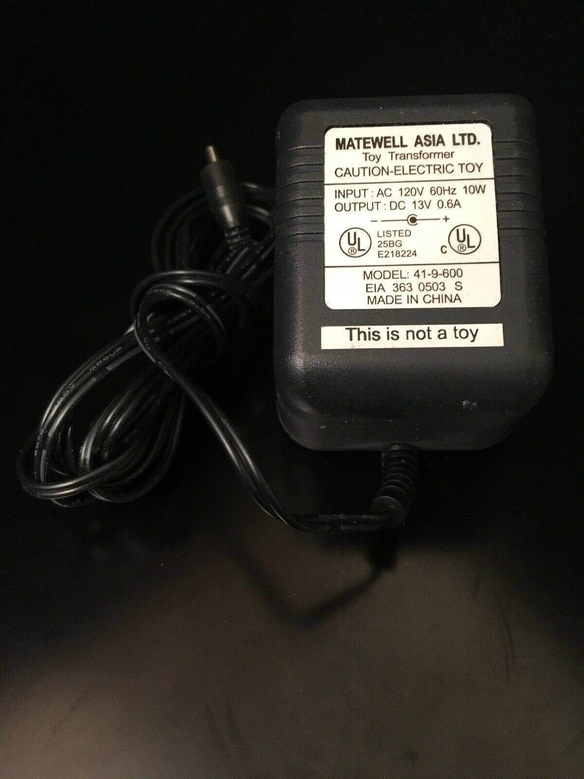 Matewell Asia Ltd. Toy Transformer Power Supply AC Adapter 41-9-600 Brand: Matewell Asia Ltd. MPN: 41-9-600 Model: - Click Image to Close