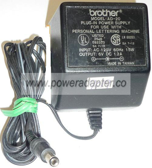 BROTHER AD-20 AC ADAPTER 6VDC 1.2A USED -(+) 2x5.5x9.8mm ROUND B