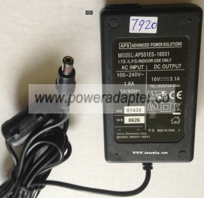 HITRON APS HES51-16031 AC ADAPTER 16V 3.1A POWER SUPPLY