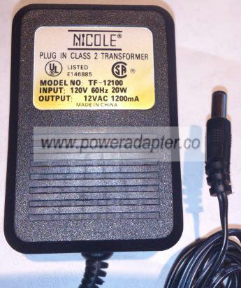 NICOLE TF-12100 AC ADAPTER 12VAC 1200mA New -(+)- 2 x 5.5 x 12mm