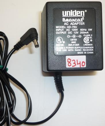 UNIDEN AD-70U AC ADAPTER 12VDC 200mA USED -(+) 1x3.3mm RADIO REC - Click Image to Close