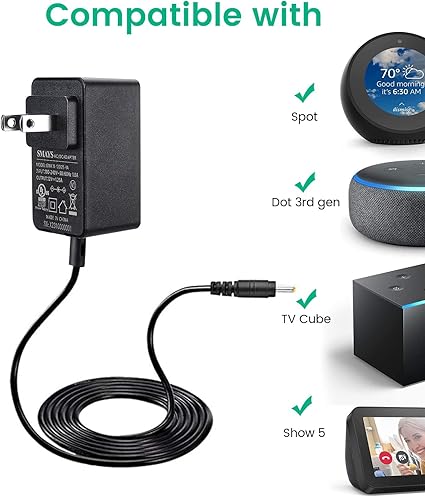 Power Adapter Replacement for Alexa Show 5 1st Gen / 2nd Gen, Alexa Dot 3rd Generation - Power Cord Charger Connectivit