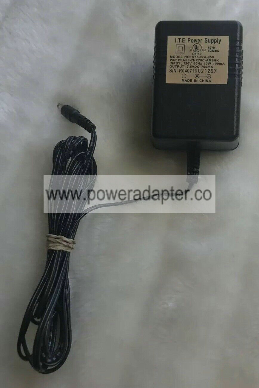 Genuine ITE D75-07A-950 AC Adapter 7.5VDC 700mA PSAS3-7HP701-AM1HK Brand: ITE Type: AC Adapter Model: D75-07A-950