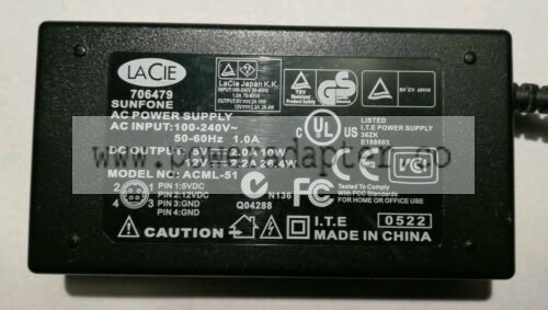 Genuine Original LACIE AC Adapter Power Supply - 4-pin DIN 706479 Brand: LACIE Output Current: 2.2A Manufacturer war