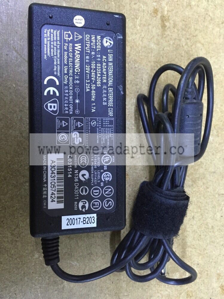 Genuine LI SHIN AC Adapter Model 0335A2065 20V 3.25A This power supply is exactly as shown in the photos. It comes