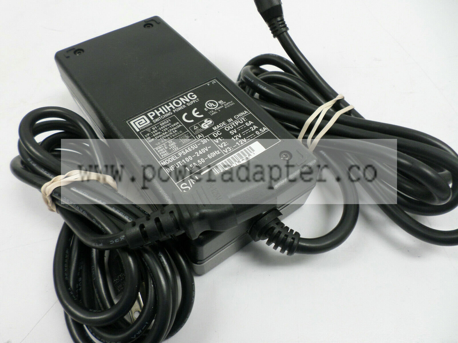 PhiHong AC/DC Power Supply Adapter 12V, 5V, 91-59521; PSA65U-301 Output Voltage(s): 12 V, 5V, -12V Brand: PhiHong Ty - Click Image to Close
