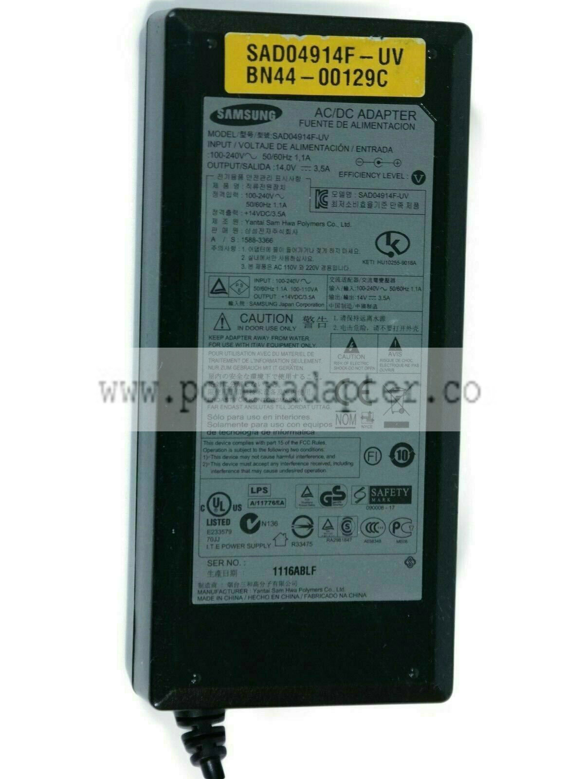 OEM Samsung SAD04914F-UV AC Adapter, 14.0V 3.5A Power Supply LCD monitor Output Voltage(s): 14.0 V, 14 V Brand: Sams