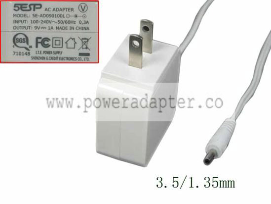 5ESP SE-AD090100L AC Adapter 9V 1A, 3.5/1.35mm SE-AD090100L, White Products specifications Model SE-AD090100L Item Cond - Click Image to Close