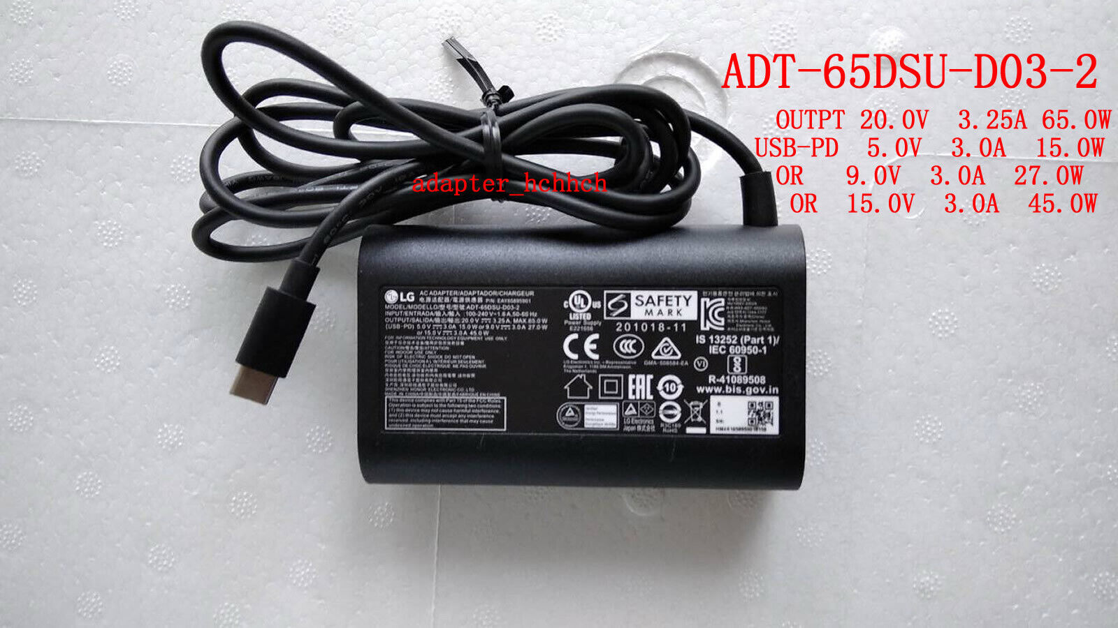 Original LG gram 17Z90P-K.AAB8U1 ADT-65DSU-D03-2 EAY65895901 USB-C AC/DC Adapter Country/Region of Manufacture China Cu