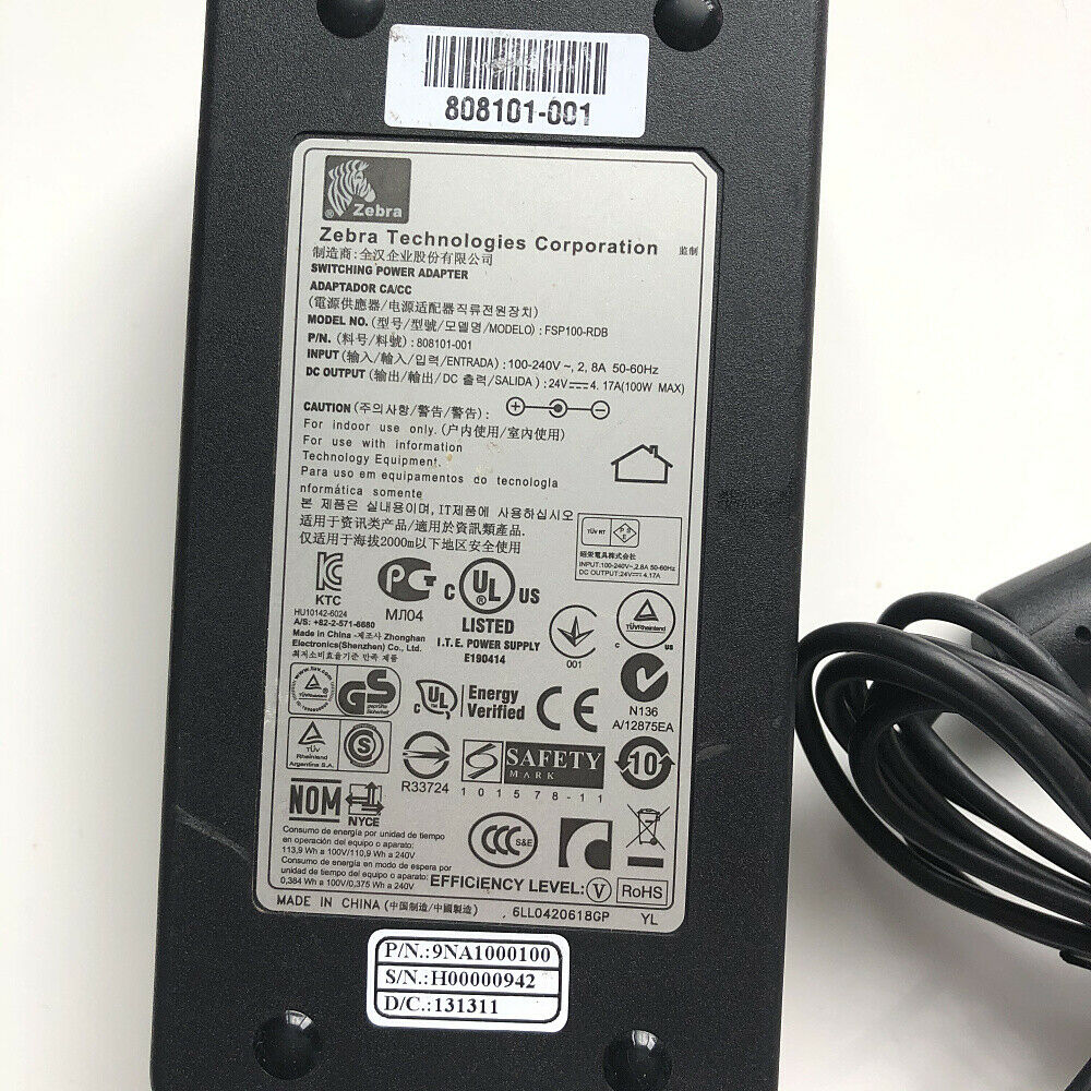 24V 4.17A 100W SWITCHING AC Power Supply Adapter FSP100-RDB For Zebra Features: Powered Connector B: 3-Contact AC Mal